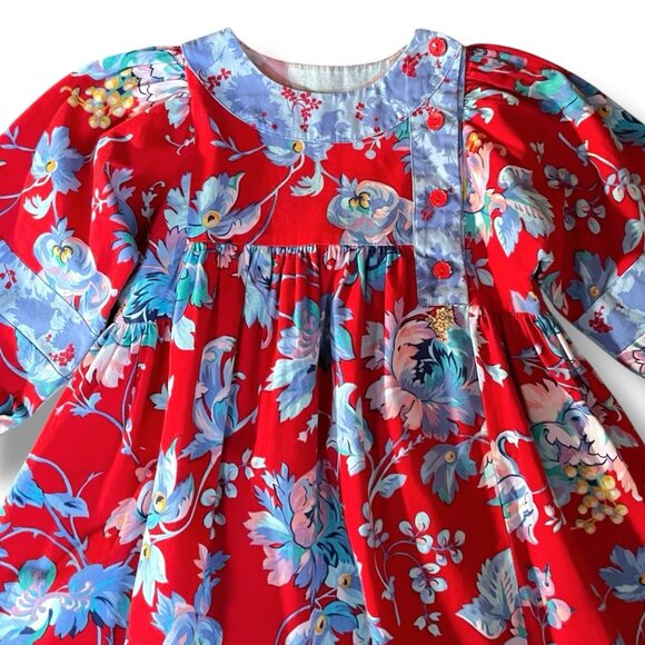 Vintage 90s Mousefeathers Girls Peasant Dress Sz 4 Boho Red Floral Midi A-line - Picture 3 of 10